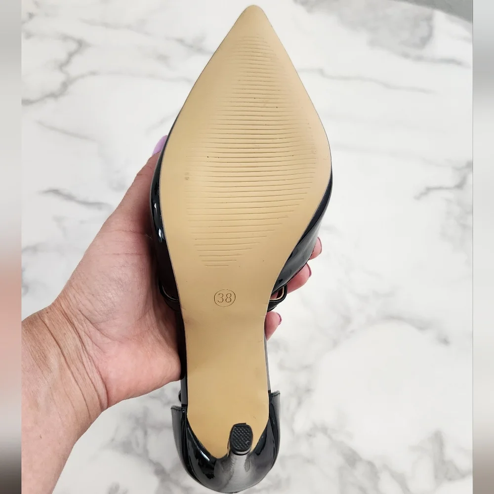 Women Pointed Toe Black Stiletto Heels With Cross-Back Design Size 7 (38) - Picture 8 of 10